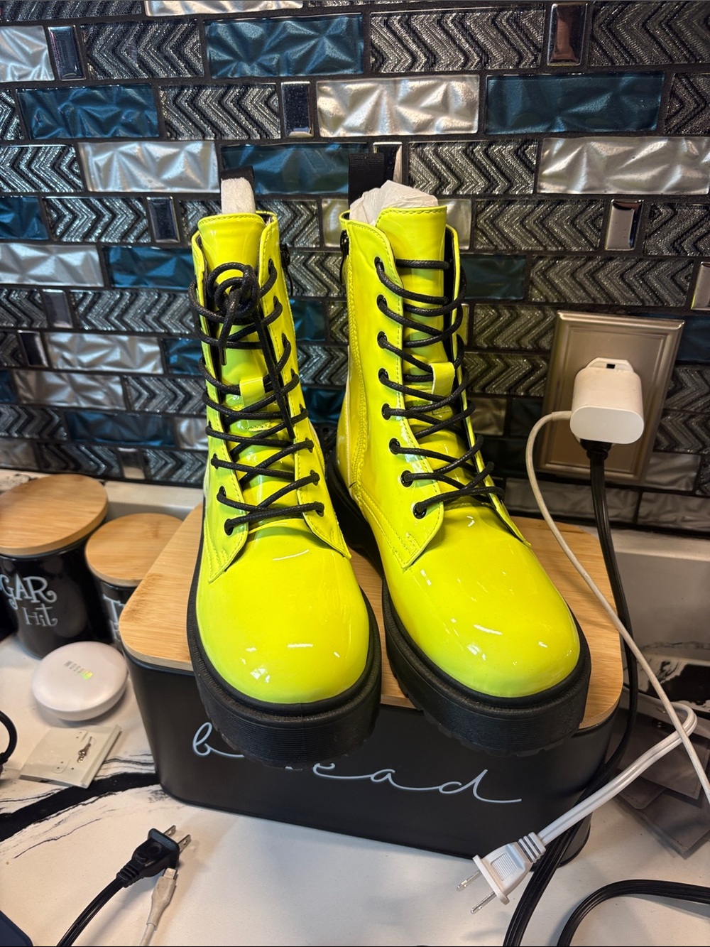 Yoki Neon Yellow Patent Lace-Up Combat Boots with Black Soles and Black Laces
